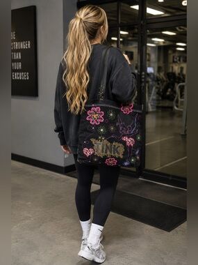 Tinker bell Peter Pan Disney large shopping bag tote black NWT floral embroidery